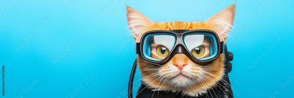 Ginger cat wearing diving goggles against a blue background.