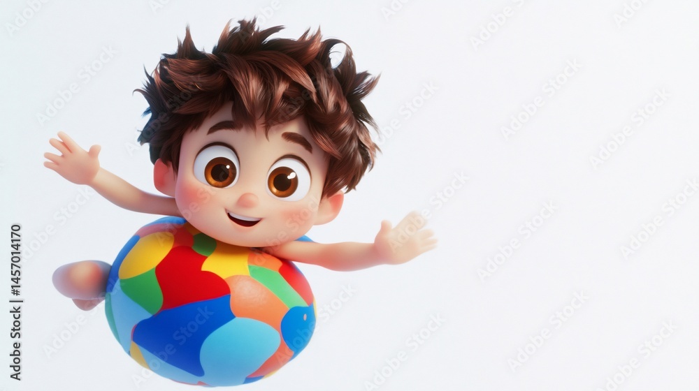 Happy cartoon boy joyfully floats on colorful beach ball against white background.