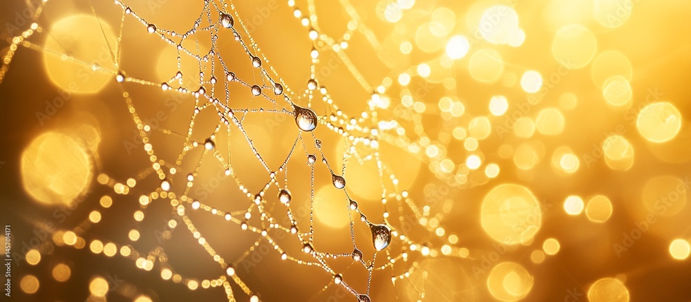 Dewdrops on spiderweb against a golden bokeh background.