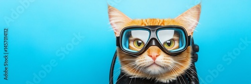 Obraz na płótnie Ginger cat wearing diving goggles against a blue background. w salonie