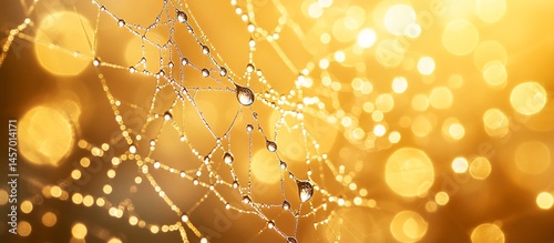 Obraz na płótnie Dewdrops on spiderweb against a golden bokeh background. w salonie