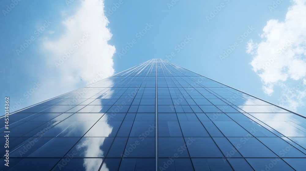 Low-angle view of a modern glass skyscraper against a bright blue sky with clouds reflected on its surface.
