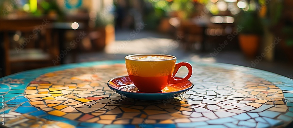 Colorful coffee cup on mosaic table at outdoor cafe.