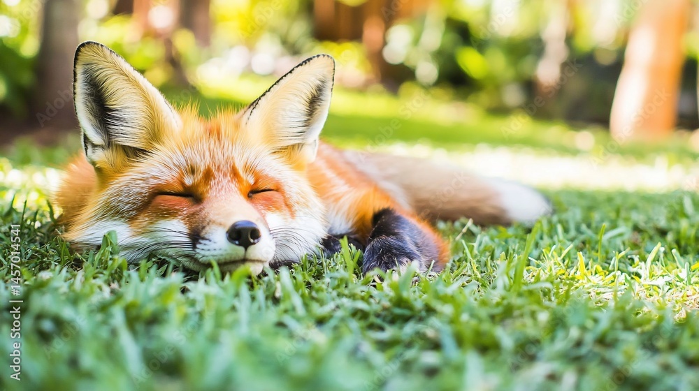 Red fox sleeping peacefully in vibrant green grass, sunlight illuminating its fur.