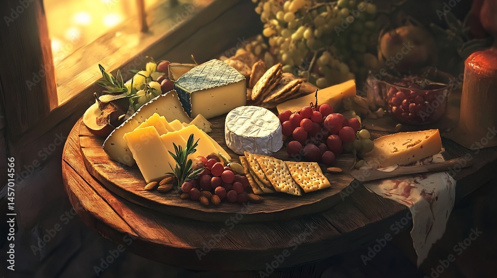 Gourmet cheese board with grapes, figs, crackers, and nuts, displayed on a wooden table near a window.
