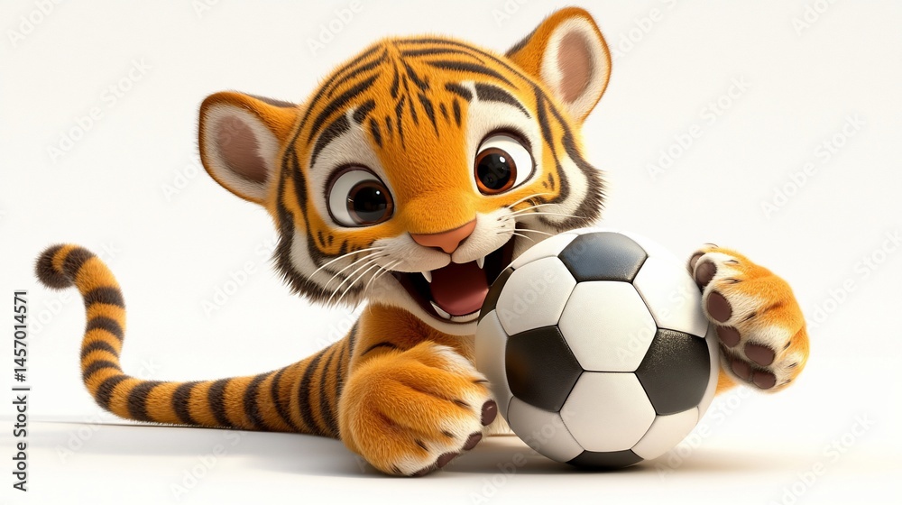 Adorable cartoon tiger cub playfully holding a soccer ball.