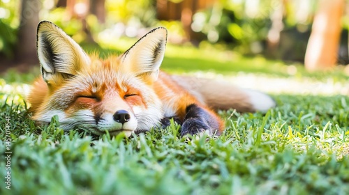 Obraz na płótnie Red fox sleeping peacefully in vibrant green grass, sunlight illuminating its fur. w salonie