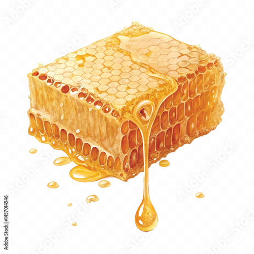 realistic glossy honeycomb dripping liquid honey isolated on transparent background