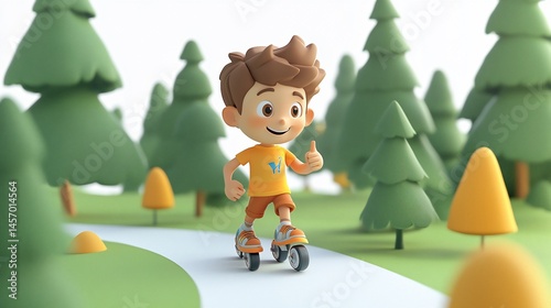 Happy boy roller skating on a path in a forest.