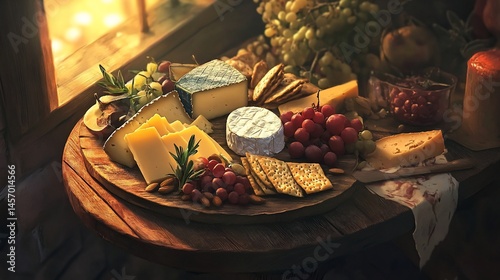 Obraz na płótnie Gourmet cheese board with grapes, figs, crackers, and nuts, displayed on a wooden table near a window. w salonie