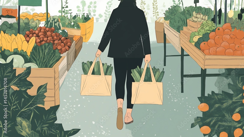 Woman with reusable shopping bags leaving a farmer's market filled with fresh produce.