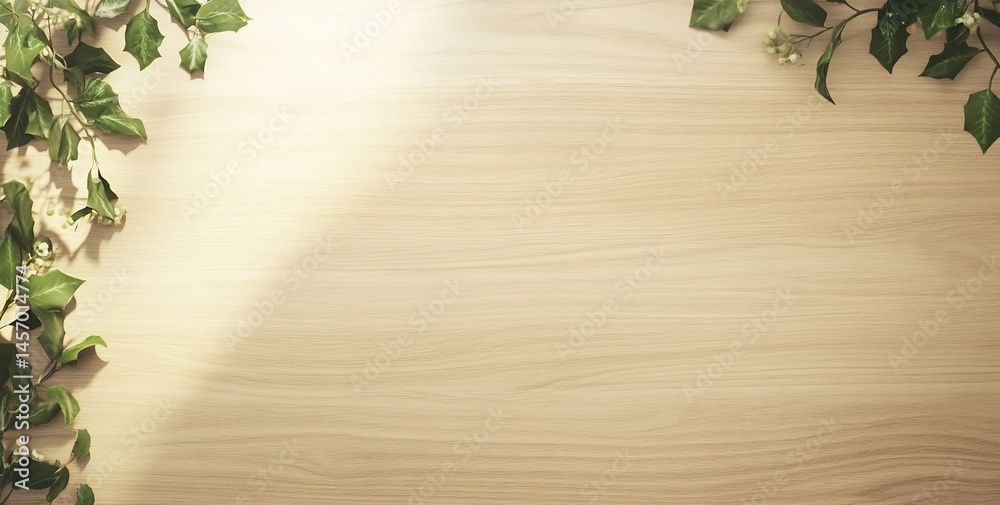 Sunlight illuminates a light wood surface adorned with green leaves, creating a natural, serene backdrop.