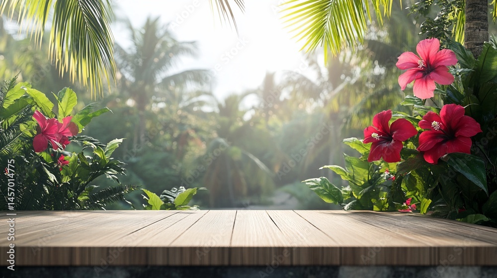 Wooden table in front of tropical garden with hibiscus flowers and palm trees at sunrise.