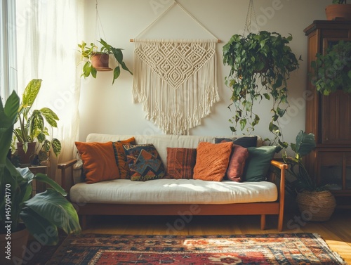 Obraz na płótnie Sunlit living room with plants, macrame wall hanging, and vintage sofa. w salonie