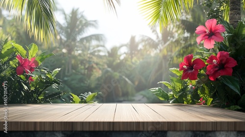 Obraz na płótnie Wooden table in front of tropical garden with hibiscus flowers and palm trees at sunrise. w salonie