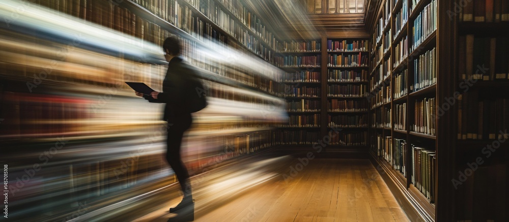 Blurred motion of a person walking in a large library with bookshelves.