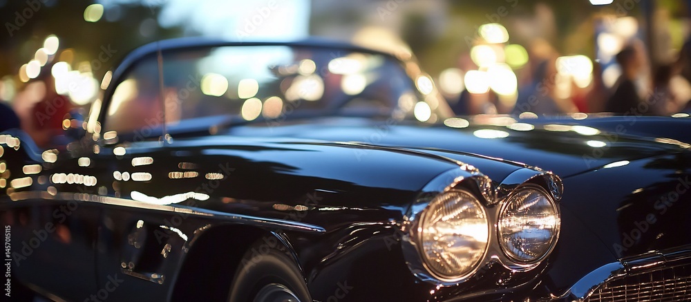 Classic black convertible car at night, headlights illuminated, city bokeh background.