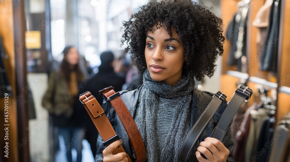 Young woman thoughtfully chooses leather belts in a store.