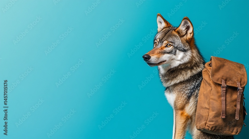 Wolf with backpack against turquoise background.