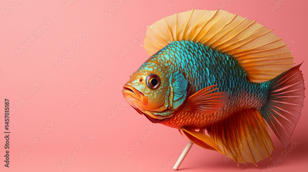 Vibrant orange, teal, and yellow fish on pink background, lollipop stick.