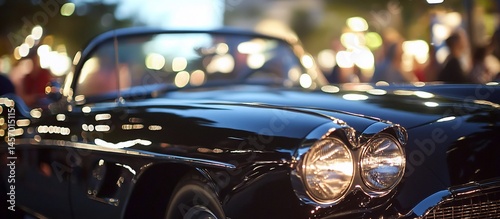 Obraz na płótnie Classic black convertible car at night, headlights illuminated, city bokeh background. w salonie