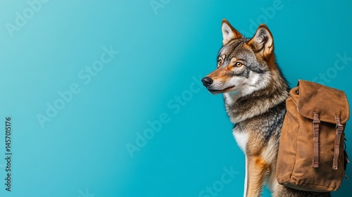 Obraz na płótnie Wolf with backpack against turquoise background. w salonie