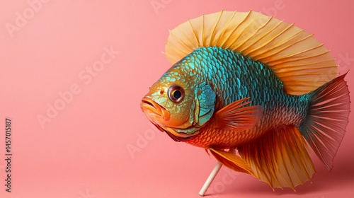 Obraz na płótnie Vibrant orange, teal, and yellow fish on pink background, lollipop stick. w salonie
