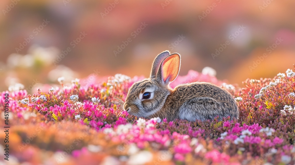Adorable baby rabbit nestled amongst vibrant pink and white wildflowers in soft, warm sunlight.