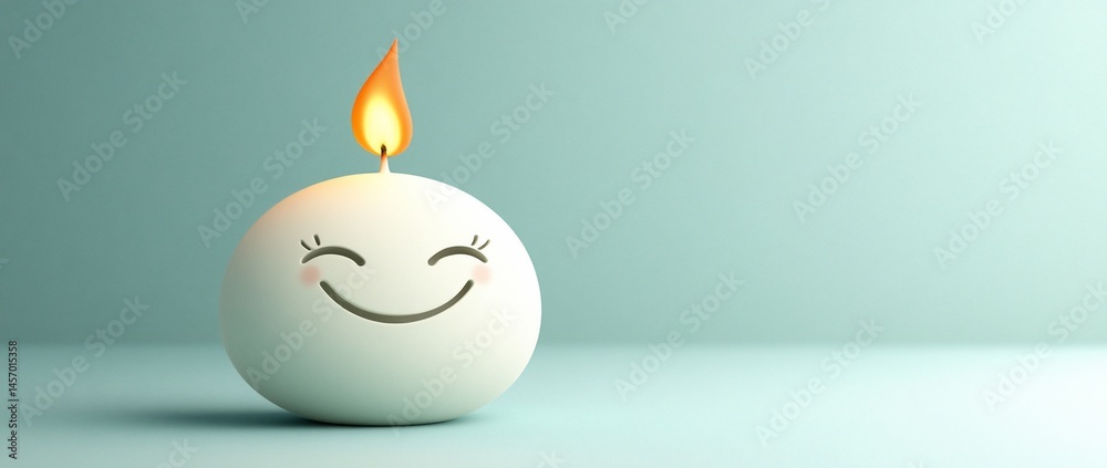 Happy smiling candle with lit flame on light teal background.