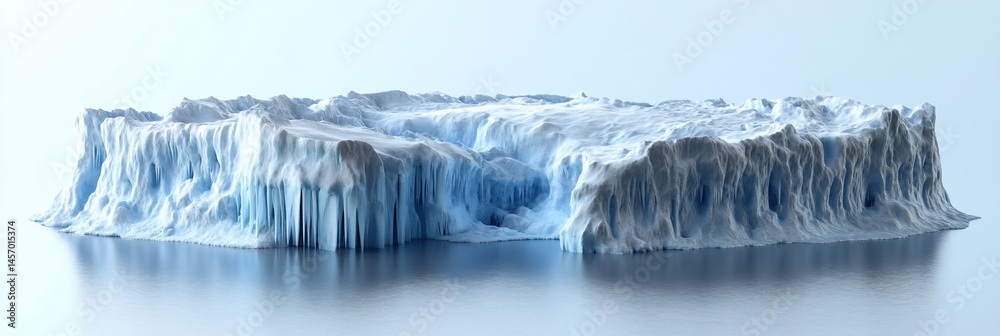 Isolated iceberg with ice formations and melting icicles floating on calm water.