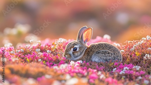 Obraz na płótnie Adorable baby rabbit nestled amongst vibrant pink and white wildflowers in soft, warm sunlight. w salonie