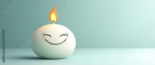 Happy smiling candle with lit flame on light teal background.