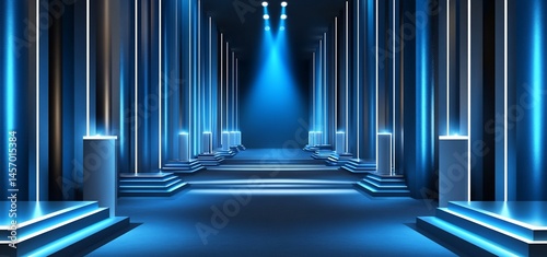Obraz na płótnie Futuristic blue neon lit stage with columns and podiums. w salonie