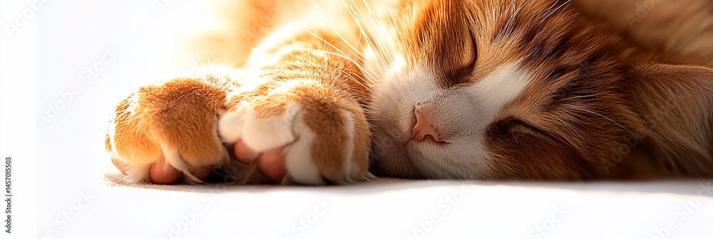 Close-up of an orange tabby cat peacefully sleeping on a white surface.