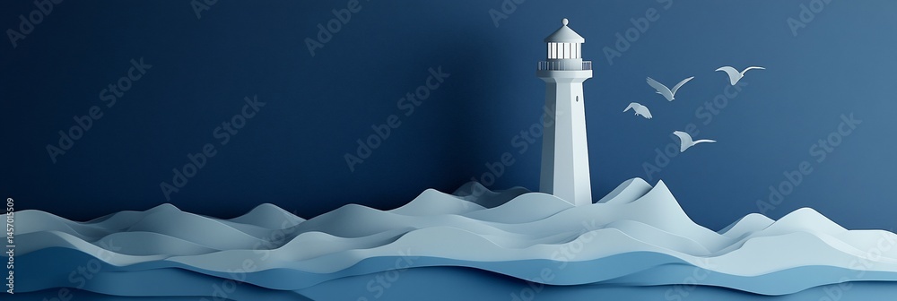 Minimalist lighthouse on stylized ocean waves with birds.