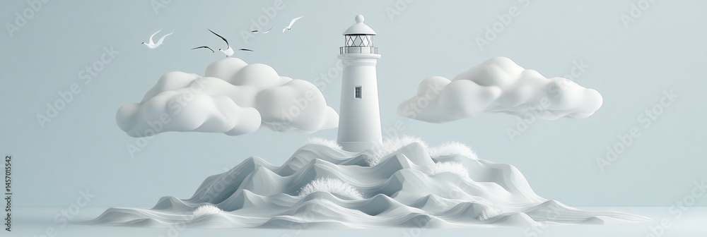 Minimalist lighthouse on a cloudy island with birds.