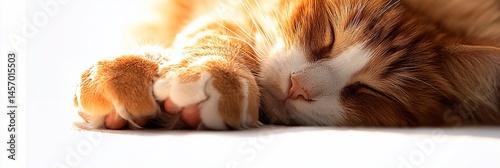 Close-up of an orange tabby cat peacefully sleeping on a white surface.