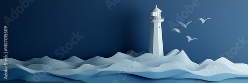Obraz na płótnie Minimalist lighthouse on stylized ocean waves with birds. w salonie
