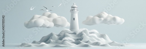 Obraz na płótnie Minimalist lighthouse on a cloudy island with birds. w salonie