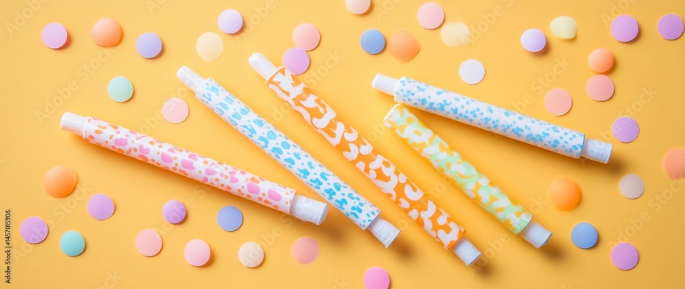 Pastel patterned pens and confetti on yellow background.