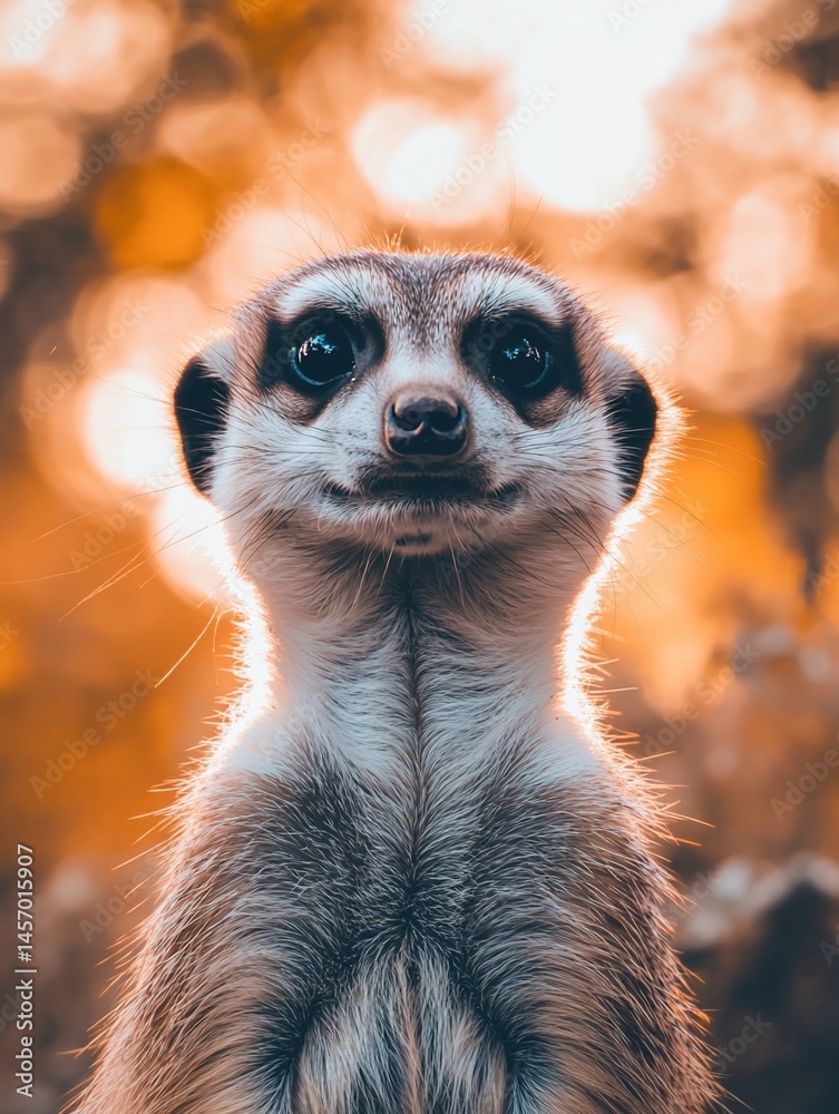 Close-up portrait of a meerkat, looking directly at the camera, set against a blurred sunset background.