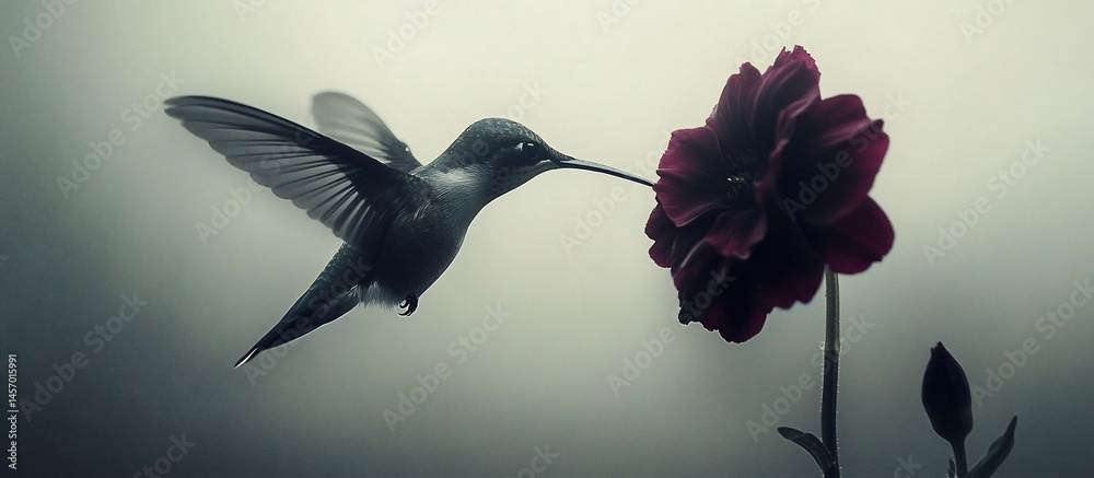 Hummingbird feeding on a dark red flower.