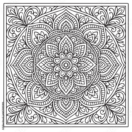 Intricate Mandala Design: A mesmerizing mandala illustration with a detailed intricate design composed of symmetrical patterns, perfect for adult coloring books, meditation.