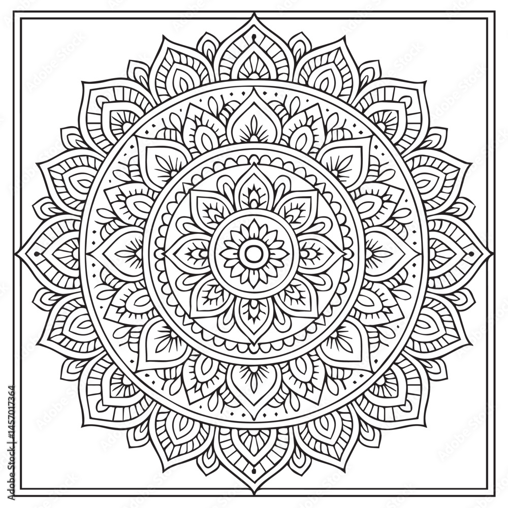 Intricate Mandala Design: A mesmerizing mandala illustration with a detailed intricate design composed of symmetrical patterns, perfect for adult coloring books, meditation. Intricate Mandala Design: A mesmerizing mandala illustration with a detailed intricate design composed of symmetrical patterns, perfect for adult coloring books, meditation.