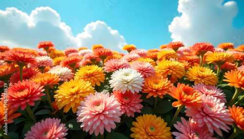 Colorful blooming flowers with blue sky and full of clouds