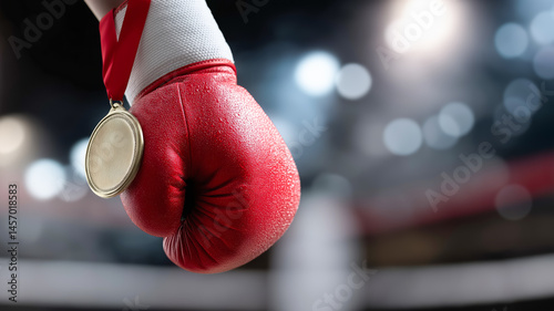 Red boxing glove and gold medal on the background of the ring. Concept of victory in a tense tournament. Copy space for text. Emotions of triumph, strength and sport spirit.