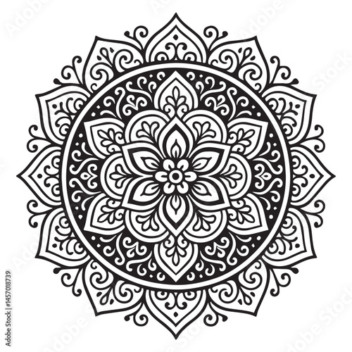 Intricate Mandala Design: A mesmerizing mandala illustration with a detailed intricate design composed of symmetrical patterns, perfect for adult coloring books, meditation.
