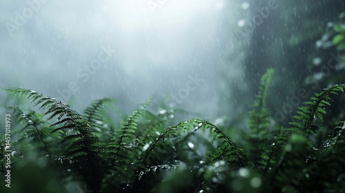 Lush green ferns in a misty rainforest during a gentle rainfall.