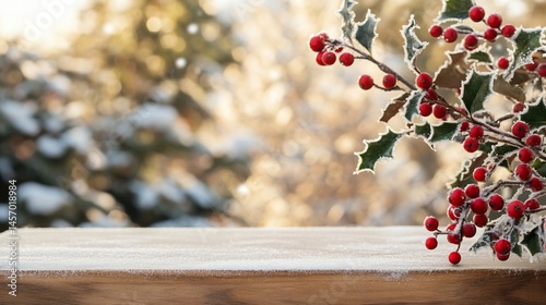 Frosty winter scene with holly berries on wooden surface against snowy background.