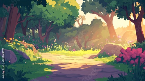 Sunlit path through lush green forest with wildflowers and rocks.